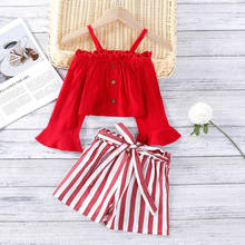 2Pcs Fashion Little Girls Clothes Outfit Summer Toddlers Solid Color Long Sleeve Off Shoulder Suspender Top + Striped Shorts Set 2024 - buy cheap