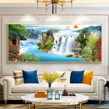 Pintura en lienzo de paisaje de puesta de sol y Cascada, carteles e impresiones de aves de lago, Cuadros, imágenes artísticas de pared de bosque para decoración de sala de estar 2024 - compra barato