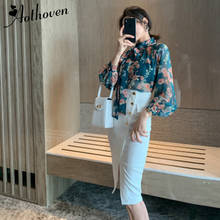 2 Piece Set Women Suit 2019 Autumn Print Long Sleeve Blouse Shirt Tops and White Pencil Skirts Crop Top And Skirt Two Piece Set 2024 - buy cheap