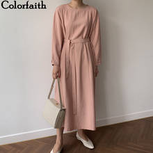 Colorfaith New 2021 Autumn Winter Women Dresses Lace Up Straight Fashionable Vintage Elegant Casual Midi Pink Pure Dress DR2816 2024 - buy cheap