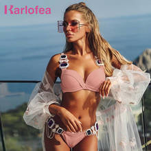 Karlofea senhora chique cristal strass maiô sexy verão férias conjunto biquínis roupas moda praia maiô 2 peça terno 2024 - compre barato