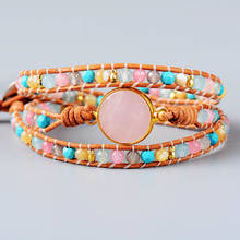 Pulseiras de couro femininas adolescentes com pedras sortidas, bracelete com 3 fios de quartzs rosa, joias femininas, bijuterias 2024 - compre barato