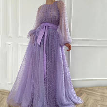 High Neck Long Lantern Sleeves Tender Pearls Sashes Purple Tulle A-Line Evening Dresses 2020 Vestidos De Novia 2024 - buy cheap