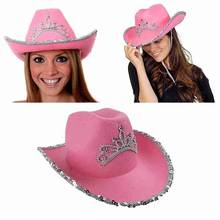 Chapéu de vaqueiro feminino, chapéu de vaqueiro com lantejoulas rosa e aba larga para fantasia de feriado e festa estilo ocidental 2024 - compre barato