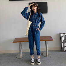 Streetwear Style Women Denim Overalls Pants 2022 Spring Autumn Long Sleeve Bodycon Jeans Romper Wide Leg Jumpsuits High Waist 2024 - buy cheap