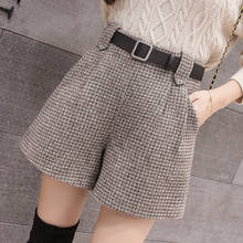 Autumn Winter Wool Blend Shorts Women Elegant Belt Plaid Loose Shorts Female Korean High Waist Shorts 2020 New Arrival 2024 - buy cheap
