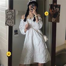 Off The Shoulder Elegant White Sweet Lace Kawaii Women Dress 2020 Summer Soft Girly Lace Up Bow Puff Sleeve Party Dress Vestidos 2024 - buy cheap