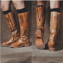 Botas de piel auténtica para mujer, zapatos de tacón plano con cremallera y punta redonda, de media caña, gruesos, estilo Cowgirl, Invierno 2024 - compra barato
