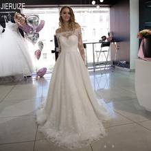 JIERUIZE Shiny Off Shoulder Wedding Dresses Boat Neck Long Sleeves Button Back Lace Appliques Bridal Gowns Vestido De Noiva 2024 - buy cheap