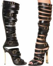 Ladies Gold Buckle Straps Cutout Knee Boots Women MetallicHigh Heel Strappy Peep toe Sandal Boots Mujer Summer Shoes Woman 2024 - buy cheap