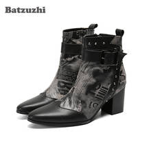 Batzuzhi/мужские ботинки на высоком каблуке 7,5 см; короткие ботильоны из натуральной кожи с острым носком; мужские ботинки для деловой вечеринки; Botas Hombre! 2024 - купить недорого