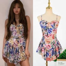 Kpop Korean Celebrity Fashion New V-neck Slim Strapless Mini Dress Women Party Sexy Sleeveless Backless Camisole Flowers Dresses 2024 - buy cheap