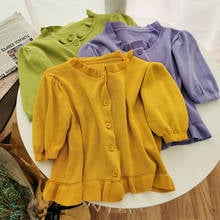 Women Ruffles Collar Knitted Short Puff Sleeve Cropped Slim Sweaters Cardigans Lady Single-breasted Sweater Crop Tops Female 2024 - buy cheap