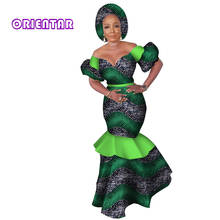 African Dresses for Women Fashion Off Shoulder Bazin Dress with Head Scarf Lady Long Mermaid Ankara Dress Wedding Party WY3842 2024 - buy cheap