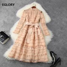 Hollow Out Embroidery Dress 2021 Spring Style Women Stand Neck Bow Belt Deco Long Sleeve Large Swing Party Lace Dress Festival 2024 - buy cheap