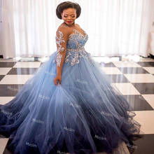 Plus Size Blue African Wedding Dresses With Rhinestone Crystal Illusion Long Sleeve A Line Tulle Gothic Wedding Dress Bride Gown 2024 - buy cheap