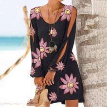 2022 Summer Lady O-Neck Mini Dress Women Long Sleeve Printing Beach Dresses Streetwear Sexy Hollow Out Loose Dress XXXL Vestidos 2024 - buy cheap