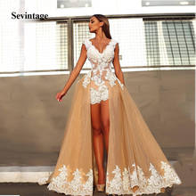 Sevintage Detachable Train Organza Mini Prom Dresses White Appliques V Neck Formal Party Gowns Princess Evening Dress Plus Size 2024 - buy cheap