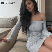 2021 New Autumn Women Dress One-shoulder Long Sleeve Single Row Buckle Female Dress Sexy Party Club Slim Fit Hip Mini Dresses 2024 - buy cheap