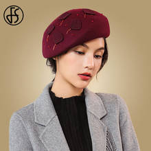 Fs 100% chapéu de lã tipo fedora, chapéu vintage de lã para mulheres chapéus elegantes de inverno, chapéu francês vermelho de vinhos e para festas de casamento de igreja 2024 - compre barato