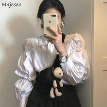 Shirts Women Solid Puff Sleeve Single Breasted French Style Retro Vintage Princess Loose Leisure New Arrival Tops Sweet Girls 2024 - buy cheap