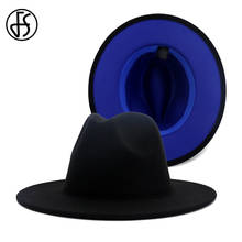 FS Black Royal Blue Patchwork Wool Fedora Hats For Women Men Felt Panama Jazz Cap Trilby With Belt Buckle Wide Brim Cowboy Caps 2024 - buy cheap