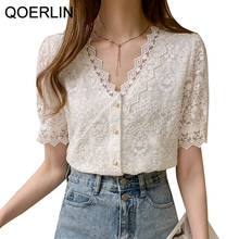 QOERLIN Lace Hollow Out Shirts Women Plus Size 2021 Summer New Korean V-neck Short Sleeve Blouse Summer Single-Breasted Tops 2024 - buy cheap