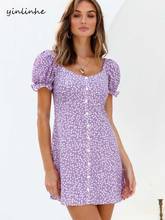 yinlinhe Print Purple Summer Dress Short Sleeve Elastic Waist Slim Button Dress Women French Niche Style Holiday Dresses    2018 2024 - buy cheap