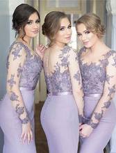 New Lilac Bridesmaid Dresses Mermaid Long Sleeves Sweep Train Bridesmaids Gowns With Lace Applique Illusion Back Formal 2024 - buy cheap