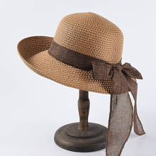 2021 Summer Bow Ribbon Sun Hat Panama Women's Cap Bonnet Beach Bow Straw Hats Gorros 2024 - buy cheap