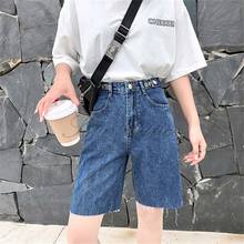 Free Shipping 2020 Women's Summer New Breasted Breasted Denim knee-Length Pants High Waist Loose Frayed Straight Shorts 2024 - buy cheap