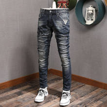 Calças jeans masculinas estilo italiano, de alta qualidade, retrô, azul escuro, slim fit, rasgada, designer de rua, calça vintage 2024 - compre barato