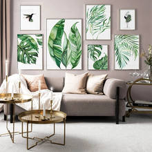 Póster de decoración de hojas doradas para sala de estar, arte de pared de plantas de Palma de niebla Monstera, lienzo de pintura nórdica moderna, imágenes de pared para sala de estar 2024 - compra barato