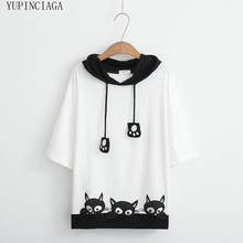 Camiseta de algodão estilo coreano, camiseta feminina estilo harajuku solta bordada com gato, manga curta engraçada, 2020 2024 - compre barato