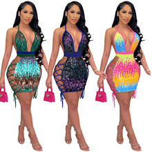 Ladies Sexy Halter Skinny Dress Summer Fashion Contrast Color Sequin Bandage Hollow Slim Short Dress 2024 - buy cheap