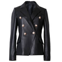 YOLOAgain Women Double Breasted Genuine Leather Blazer Jacket W1103 2024 - buy cheap