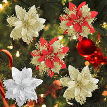 10pcs/lot Artificial Poinsettia Christmas Glitter Fake Flower Xmas Tree Ornaments New Year Gift Navidad Wedding Party Decoration 2024 - buy cheap