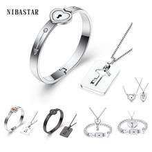 A Couple Lover Jewelry Sets Stainless Steel Love Heart Lock Bracelets Bangles Key Pendant Necklace Couples 2024 - buy cheap