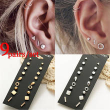 9Pairs/Set Simple Cool Crystal Geometry Earrings Women Fashion Stud Ear Earrings Jewelry Accessory Gifts Wholesale 2024 - buy cheap