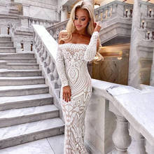 Cheap Mermaid Evening Dresses Sexy Off Shoulder Long Sleeve Sequins Lace Appliques Prom Dress Sweep Train Party Gowns In Stock 2024 - buy cheap