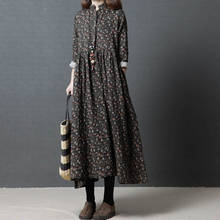 New Fashion Loose Cotton Linen Large Size Long Sleeve Women Fashion Casual Floral Long Dress 2024 - buy cheap