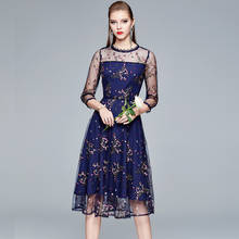 Женское Сетчатое платье с вышивкой, элегантное праздвечерние чное платье, винтажное дизайнерское повседневное синее платье с цветочной вышивкой 2024 - купить недорого