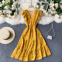 French Vnitage V Neck Floral Print Dress Ruffles Midi Summer Party Tank Sundress Women Robe A-Line Beach Knee Length Vestidos 2024 - buy cheap