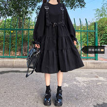 Japanese Harajuku Women Black Midi Dress Gothic Punk Style Suspenders Bandage Dress Vintage Ruffles Long sense of design Costume 2024 - buy cheap