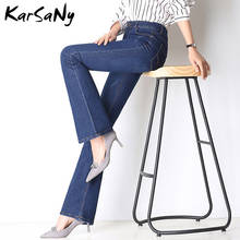 Calça jeans feminina plus size karsany, calça jeans de cintura alta, preto, denim com sino 2024 - compre barato