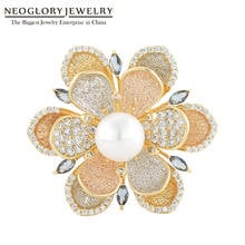 Neoglory 3 Tones Plated Shell Pearl & CZ Flower Brooches For Women Blue & White Luxury Coat Pins Mother's Day Gift Souvenir 2024 - buy cheap