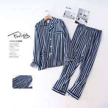 Pijamas de rayas azules para hombre, conjuntos de pijamas de algodón 100%, ropa de dormir informal para el hogar, ropa de dormir de talla grande para otoño 2024 - compra barato