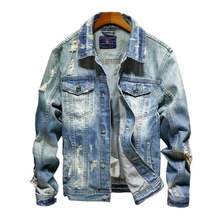 Jaqueta jeans masculina de algodão, jaqueta rasgada para homens, hip hop, streetwear, rasgada, jaqueta jeans 2024 - compre barato