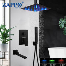 ZAPPO-grifo de ducha LED para montaje en techo, kit de cabezal de ducha cuadrado de lluvia, con caño giratorio para bañera, color negro mate 2024 - compra barato