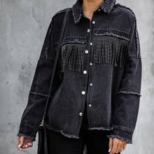 Джинсовые топы с бусинами, черные джинсовые куртки с бахромой, женская джинсовая куртка в стиле пэчворк, Корейская версия, черные женские пальто из денима с длинными рукавами и бахромой 2024 - купить недорого